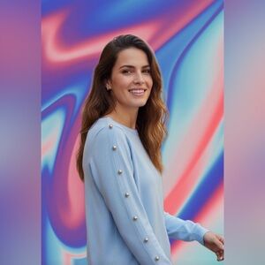 Talbots Women’s Light Baby Blue Pearl Button Sleeve Sweater Sz L Knit Blend